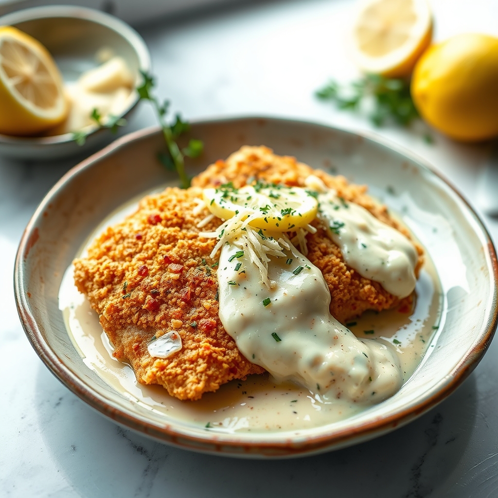 Crispy Pork Rind Tilapia with Creamy Lemon Parmesan Sauce