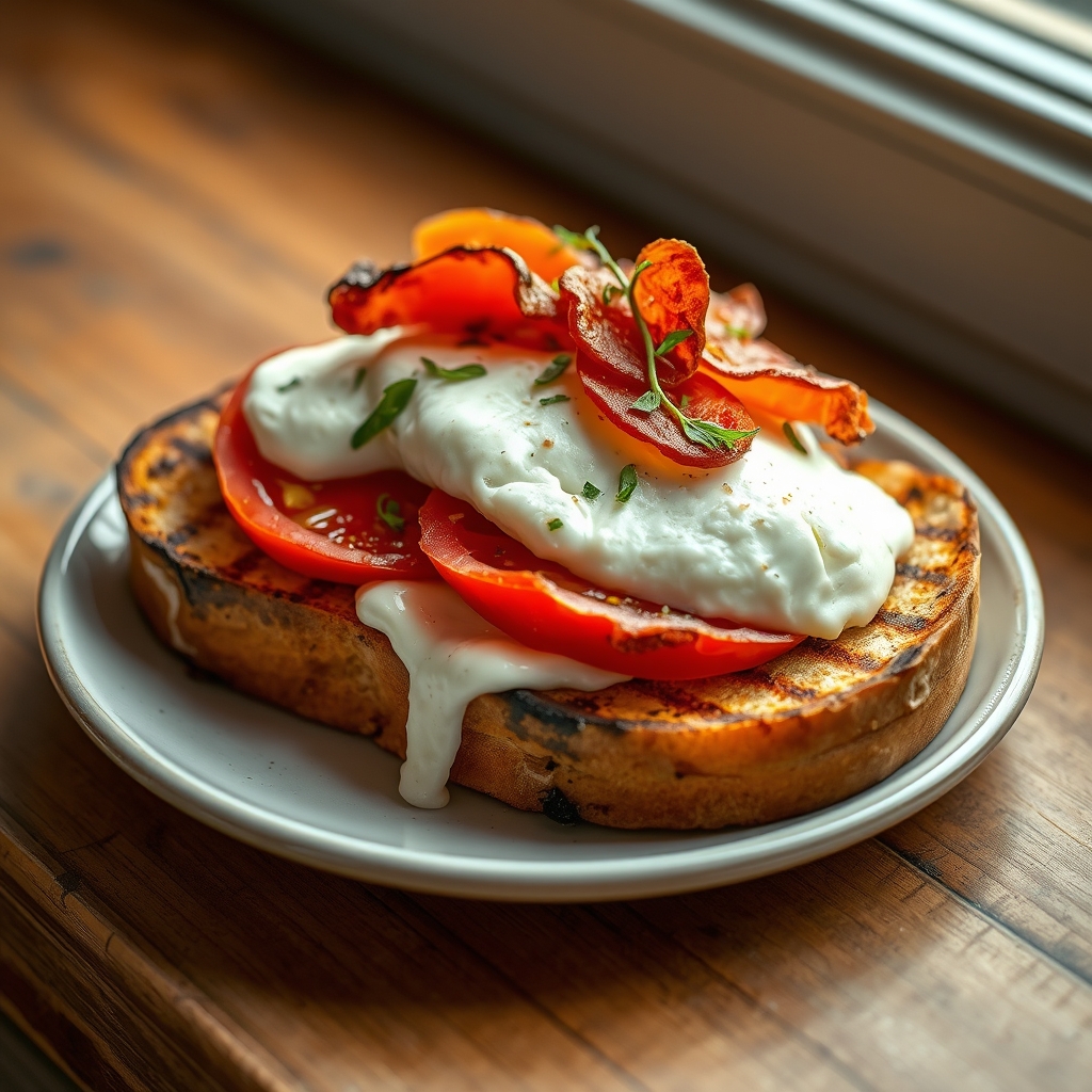 Grilled Sourdough with Burrata, Heirloom Tomato, and Crispy Prosciutto